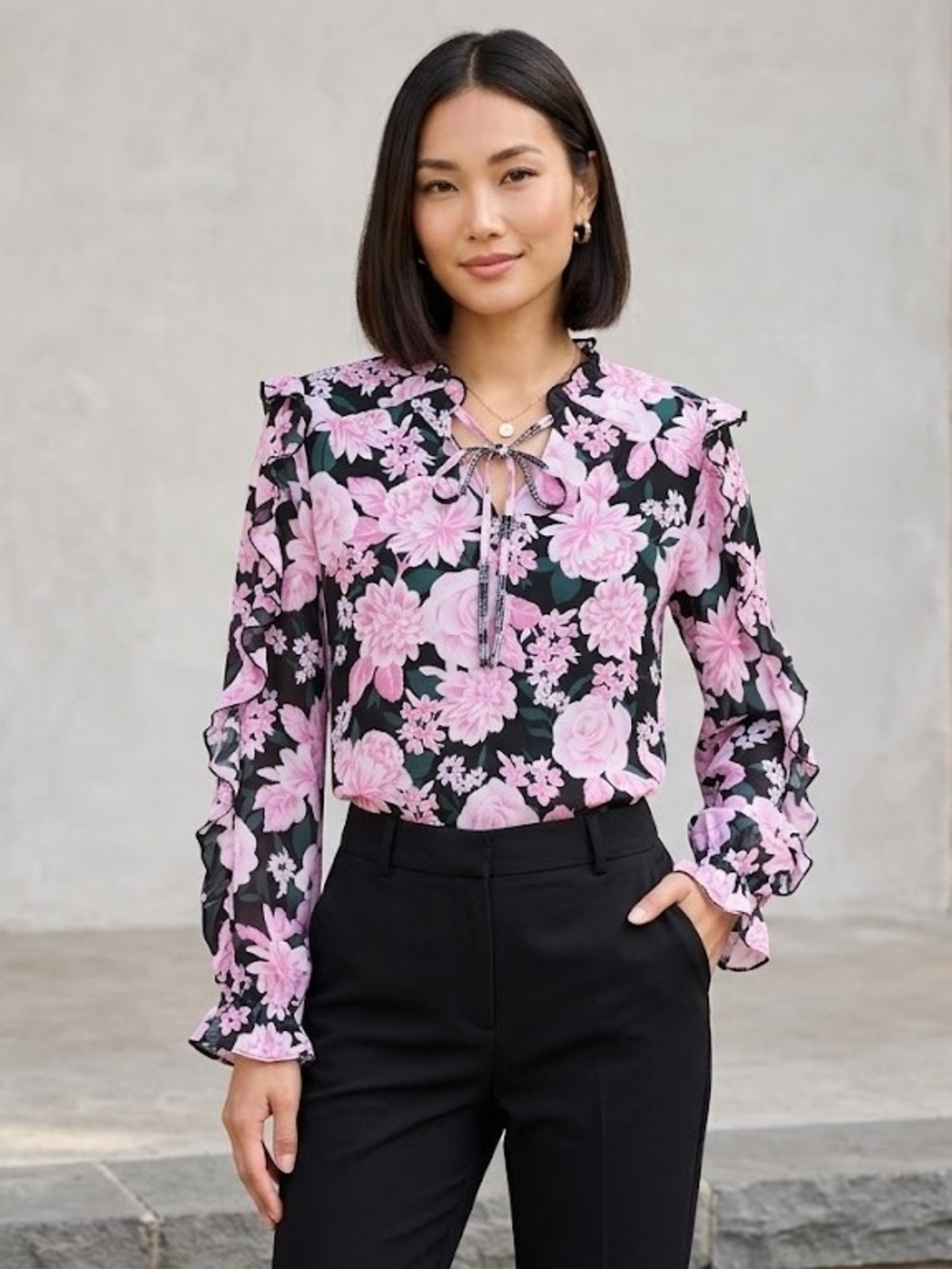 Sugarlips Black & Pink Floral Tie-Neck Ruffle Blouse